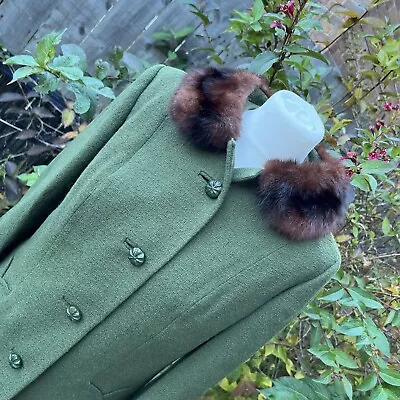 DERETA Vintage Green Real Fur Collar Button Jacket Coat Retro Made Great Britain • $112.05