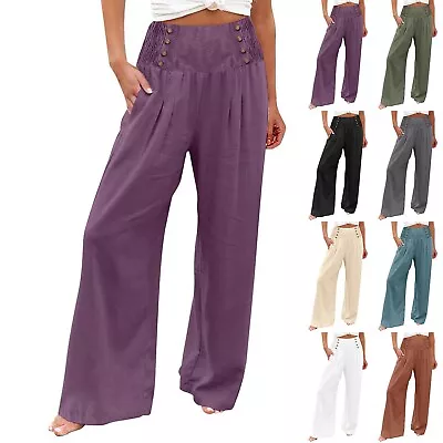 Women Wide Leg Ladies Bottoms Cotton Linen Trousers Long Pants Elasticated Waist • £7.19