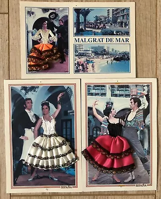 £4 • Buy 3 X 3D Vintage Spanish Flamenco Dancers Real Fabric Dress Collectors Postcards