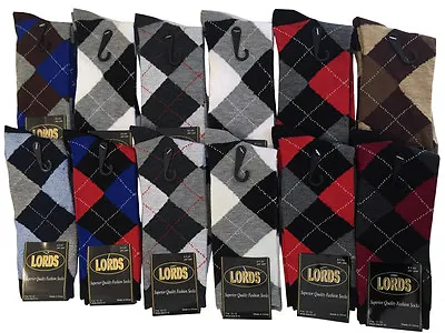 12 Pairs NEW LORDS Mens Argyle Dress Socks Cotton Multi-Color Fashion Sz. 10-13 • $9.99