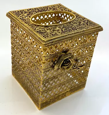 Vintage Hollywood Regency Gold Tone Metal Tissue Box Cover Applied Rose • $26