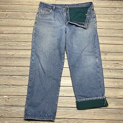 LL Bean Mens Double L Relaxed Fit Flannel Lined Blue Work Chore Jeans Sz 42x32 • $19.95