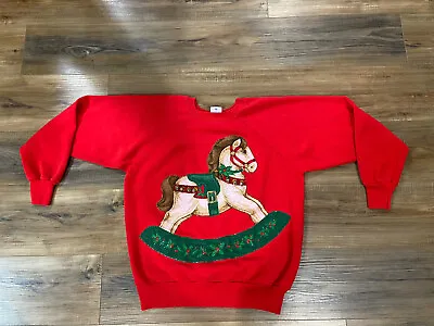 Vtg Christmas Sweatshirt L Womens Rocking Horse With Bells 80's Made In USA • $15.97