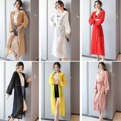 $15.67 • Buy Women Chiffon Kimono Cardigan Open Front Midi Jacket Lace-up Hooded Beach Top