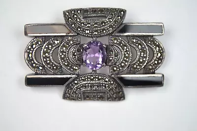 Vintage Gorgeous Amethyst Marcasite & Onyx Sterling Silver Brooch 2  Long • $25