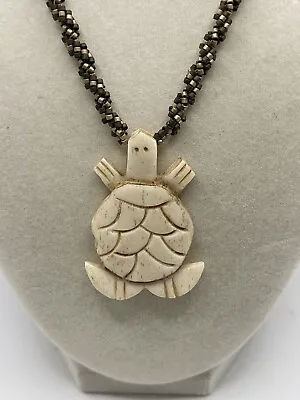 Vintage Hand Carved Sea Turtle Pendant Beaded Necklace Estate Jewelry Necklace • $14.99