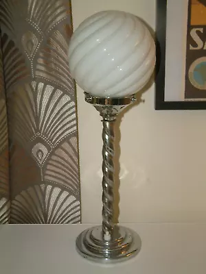 **ORIGINAL 1930s TWISTED CHROME ART DECO LAMP LAMPE & TWIST SWIRL WHITE SHADE* • $185.26