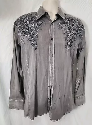 Roar Signature Shirt Mens Medium Button Up Long Sleeve Graphic Embroidered Gray • $29.99