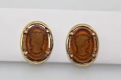 Vintage Joseph Warner Cameo Intaglio Amber Glass Clip On Earrings Gold Tone • $14.40