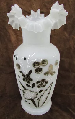 White Opaque Glass Vase Hand Blown & Painted Flowers Ruffled Top 10.5  Bristol • $12.95