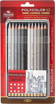 KOH-I-NOOR Polycolor Grey Line Artist's Coloured Pencils Set Of 12 • £17.83