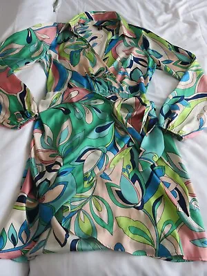 New Look Fab 60's 70's Psychedelic Bright Print Low Cut Silky Satin Dress Uk 10 • £6.99