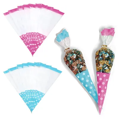 Large Polka Dot Cellophane Cone Bags Cellophane Bags Twist Ties Party Sweet • £2.48