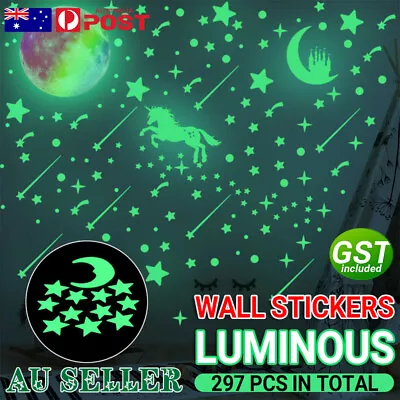 297PCS Glow In The Dark Rainbow Moon Stars Unicorn Wall Stickers Kids Room Decor • $11.45