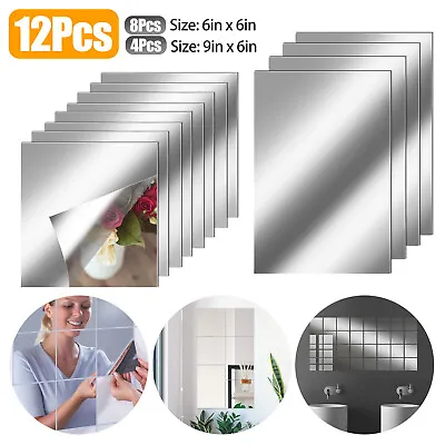 12Pcs 2-Size Self Adhesive Mirror Sheets Reflective Wall Sticker Film Home Decor • $9.48