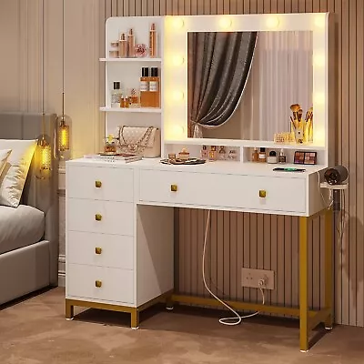 5 Drawer Vanity Desk With Mirror Makeup Dressing Desk Bedroom Dresser Desk White • $209.89