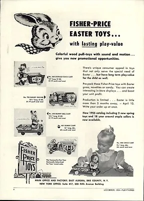 1954 PAPER AD Fisher Price Easter Toy Donald Duck Cart Bunny Chick Bell Pull Toy • $19.99