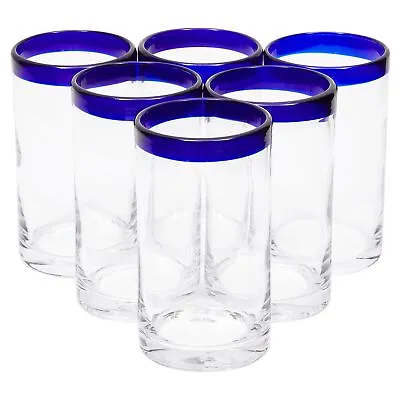 Set Of 6 Blue Rim Mexican Glassware 14 Oz Cobalt Hand Blown Drinking Glasses • $42.99