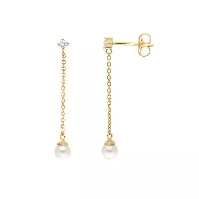 New 9ct Yellow Gold Cubic Zirconia & Pearl Drop Earrings 9ct Gold For Her • £138