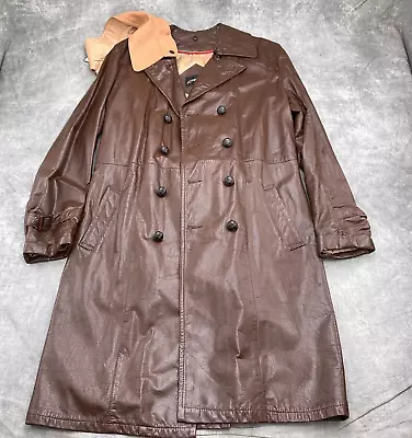 JCPenney Trench Coat Men 40 Tall Brown Tan Leather Double Breasted Long Wool VTG • $79.97