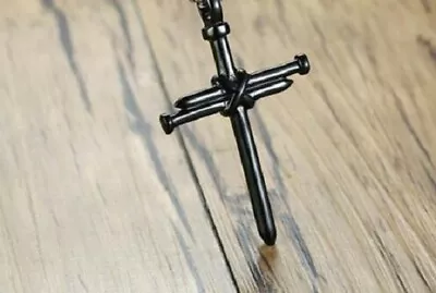 Large NAIL BLACK CROSS CRUCIFIX JESUS 925 Sterling Silver 24  Chain Necklace Men • $13.99