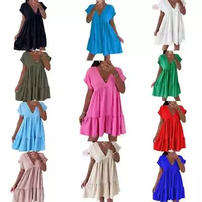 Women Ladies V Neck Frill Layered Summer Beach Tiered Smock Swing Mini Dress Top • £14.99