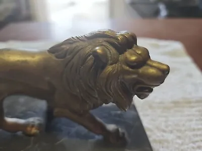 Solid Brass Lion On Marble Base 4.5 Lbs Heavy Rare Vintage Unmarked Sculpture • $95