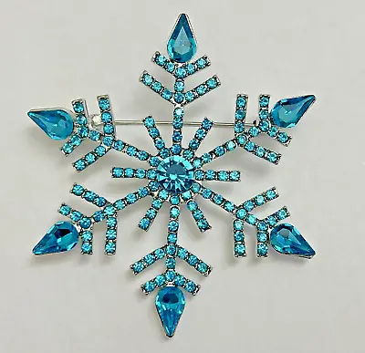 Aqua Blue Crystal Glass Rhinestone Snowflake Christmas Brooch Pin Large Vintage • $11.68