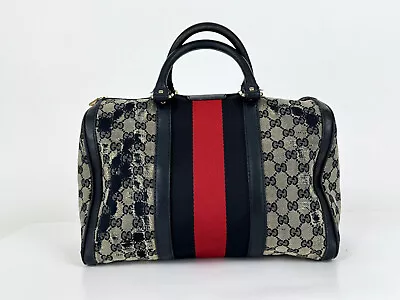 Gucci Auth Vintage Navy Red Web Boston Bag GG Monogram Canvas Leather Medium • $287