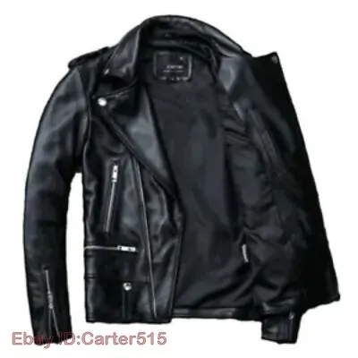 Men's Punk Genuine Sheepskin Leather Jacket Lapel Motorcycle Biker Long Sleeve • $135.54