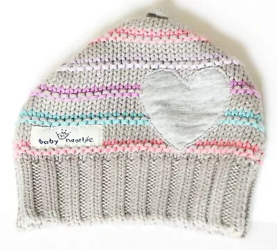 Baby Naartjie Beanie Hat Girls Size 6-18 Months Gray Knit Striped Heart Winter • $19.99