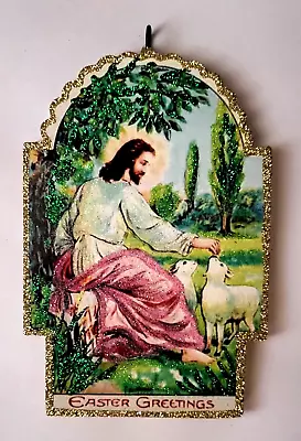 JESUS W SPRING LAMBS  *  Glittered WOOD - EASTER ORNAMENT  *  Vtg Img • $10.50