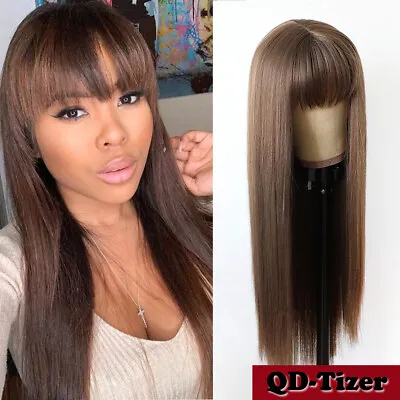 $20.40 • Buy Brown Full Bangs Synthetic No Lace Wig Long Straight Hair Heat Resistant Natural