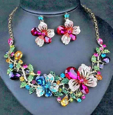 Superb FLORAL Bouquet RAINBOW Flower JEWEL Betsey Johnson Necklace Earrings SET • $35.98