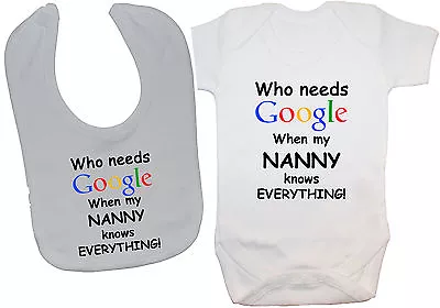 £12.99 • Buy Who Needs Google Nanny Baby Bodysuit Romper T-Shirt & Feeding Bib 0-24m Boy Girl