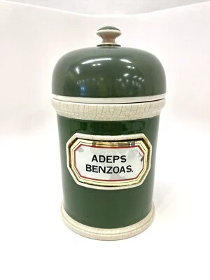 $10 • Buy French Green Ceramic Apothecary Jar 8.5  Tall “ADEPS BENZOAS.”