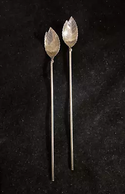 2 Tiffany & Co Vtg Sterling Silver Leaf Mint Julep Sipper Straw Stirrer Spoons • $150