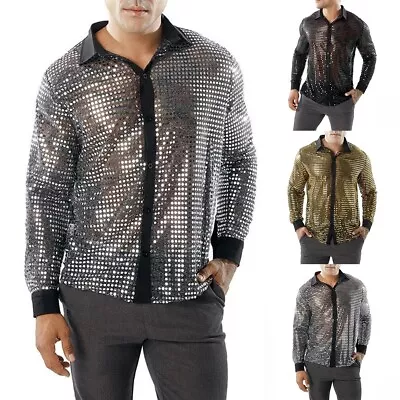 Mens Sparkle Sequined Party Dance Shirts Retro 70's Disco Nightclub Shirt Tops • £11.99