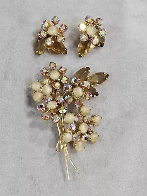 Vintage D&E Juliana Iridescent Rhinestone Faux Moonstone Pin Brooch Earrings Set • $69.99