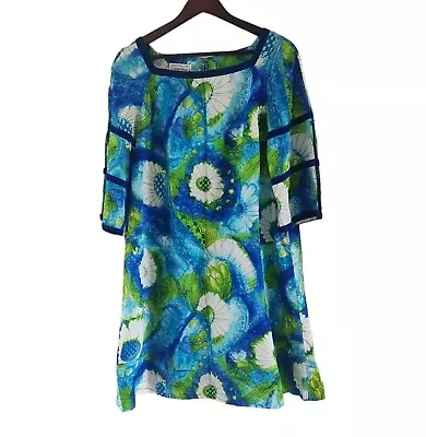 Vintage Liberty House Kiyomi Blue Floral Hawaiian Dress Square Neck 3/4 Sleeve M • £120.65