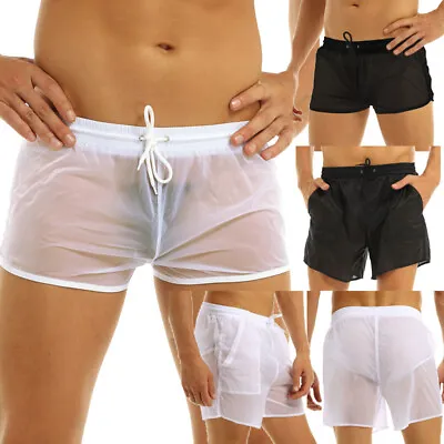 US Men See Through Low Rise Drawstring Boxer Shorts Casual Underwear Swim Trunks • $8.82