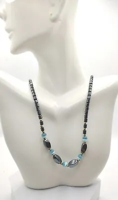 Vintage Blue Cats Eye And Magnetite Beaded Necklace Jewelry Gift • $17.46