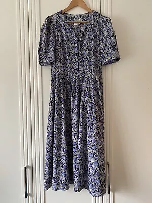 Vintage 80s Laura Ashley Blue Floral Tea Dress Size 14 • £45