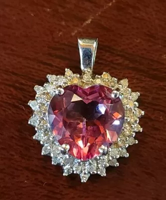  10K Yellow Gold Pink Sapphire & Real Diamond Heart Necklace Pendant 3g Grams • $299