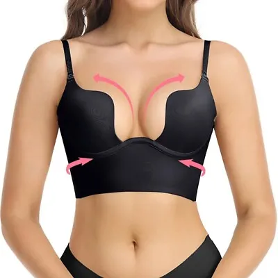 Push Up Bras Backless Women Low Cut Deep U Plunge Lingerie Invisible Seamless UK • £17.79