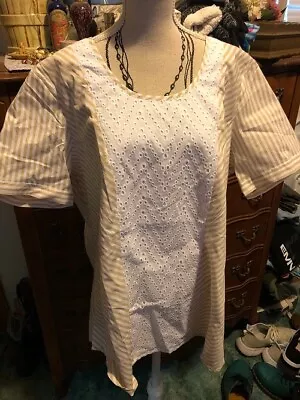 C Wonder Eyelet And Tan Striped Summer Blouse Top Size Medium • $1.99