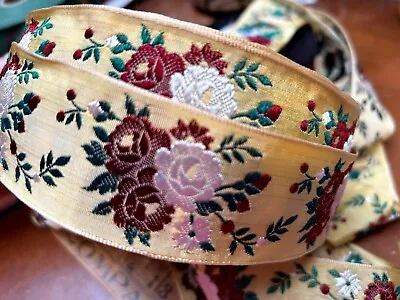 Vintage Silk Embroidered 1940s Flowers 1 5/8  Trim Ribbon 1 Yd Made In France • $24.99