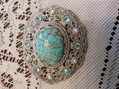 1960 Vintage West Germany Turquoise Veined Brooch • $12