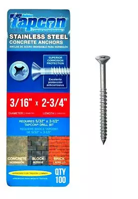 Tapcon 3/16  X 2-3/4  Stainless Steel Phillips Flat Head Concrete Anchor Screws  • $69.95