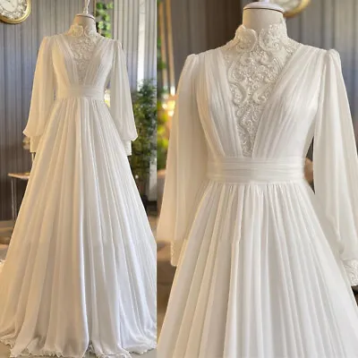 Chiffon Muslim Wedding Dresses Crystal Beading High Neck White Ivory Bridal Gown • $119.59